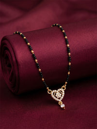 lfariya jewellery elegant Indian bridal mangalsutra necklace crafted with a premium gold plated finish, square ruby centerpiece, traditional black bead chain and timeless ethnic styling for women.