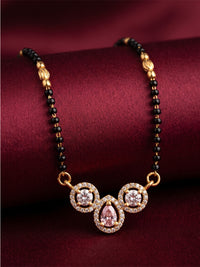 lfariya jewellery premium women's mangalsutra necklace with a luxurious square red gemstone pendant, elegant crystal detailing and traditional black bead chain design.