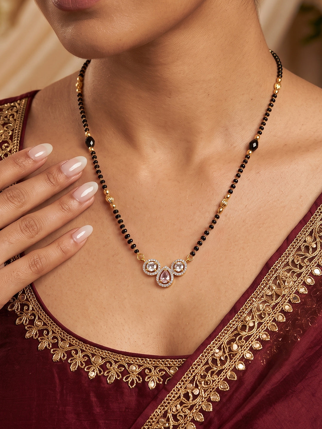 Lfariya Jewellery Rose Trinity CZ Gold Plated Mangalsutra with Pink Crystal Pendant for Women