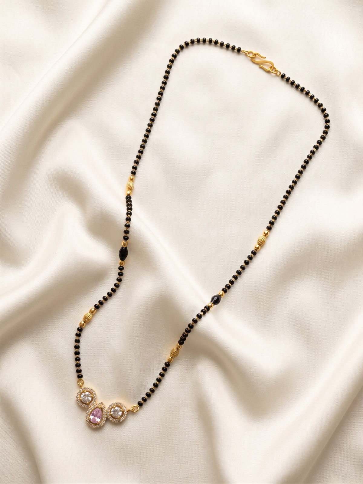 lfariya jewellery premium gold plated black bead mangalsutra necklace with a luxurious square red gemstone pendant, shimmering crystal detailing, timeless traditional style for modern women and special occasions.
