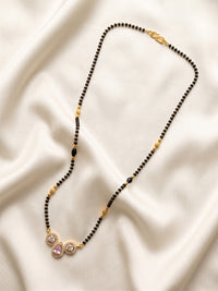 lfariya jewellery premium gold plated black bead mangalsutra necklace with a luxurious square red gemstone pendant, shimmering crystal detailing, timeless traditional style for modern women and special occasions.