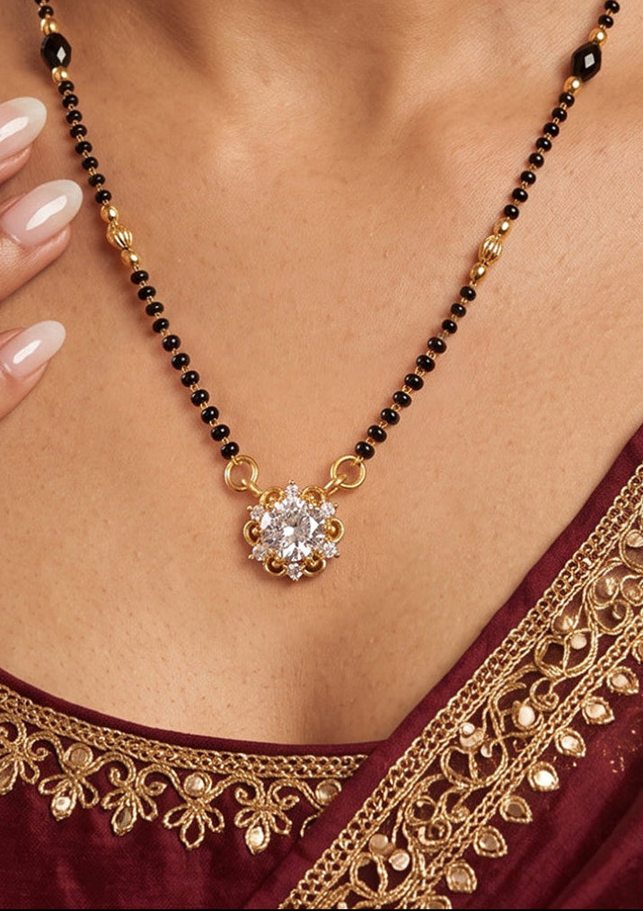 Lfariya Jewellery Celestia Bloom Solitaire CZ Gold Plated Mangalsutra with floral crystal pendant for women