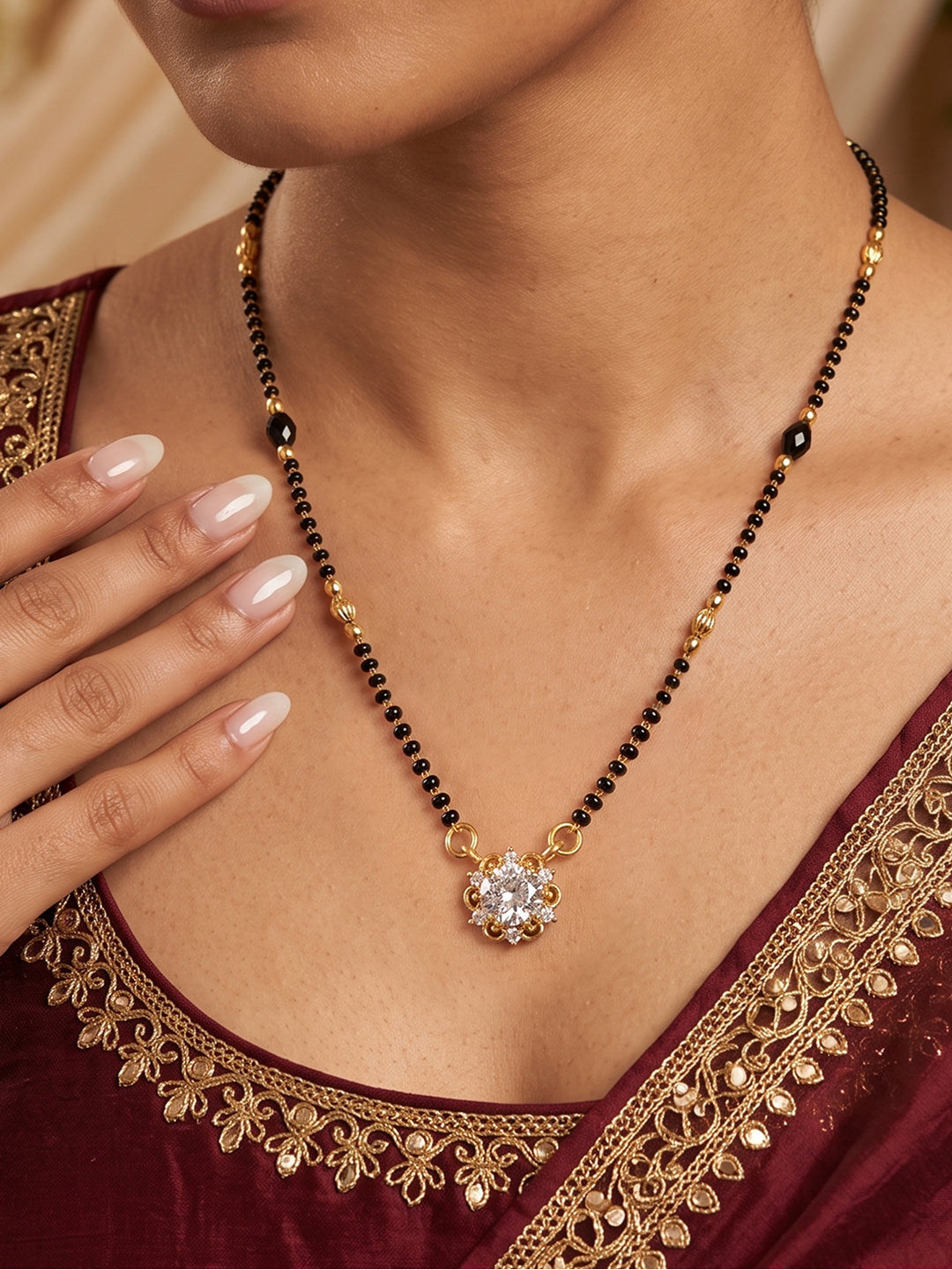 Lfariya Jewellery Celestia Bloom Solitaire CZ Gold Plated Mangalsutra with floral crystal pendant for women