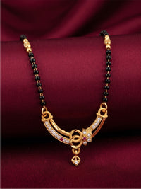 lfariya jewellery elegant Indian mangalsutra showcasing a contemporary square pendant, vibrant red gemstone, gold plated shine and traditional black beads on a premium display background