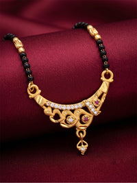 lfariya jewellery stylish mangalsutra necklace with a square red stone pendant, polished gold plated finish, premium black bead chain and sophisticated design for weddings, festivals and daily wear.