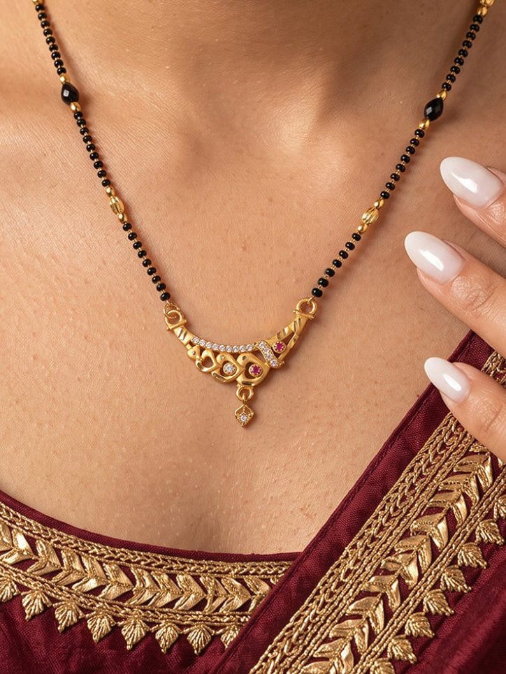 Lfariya Royal Blossom Gold Plated American Diamond Mangalsutra with Black Beads and Ruby Stone Design