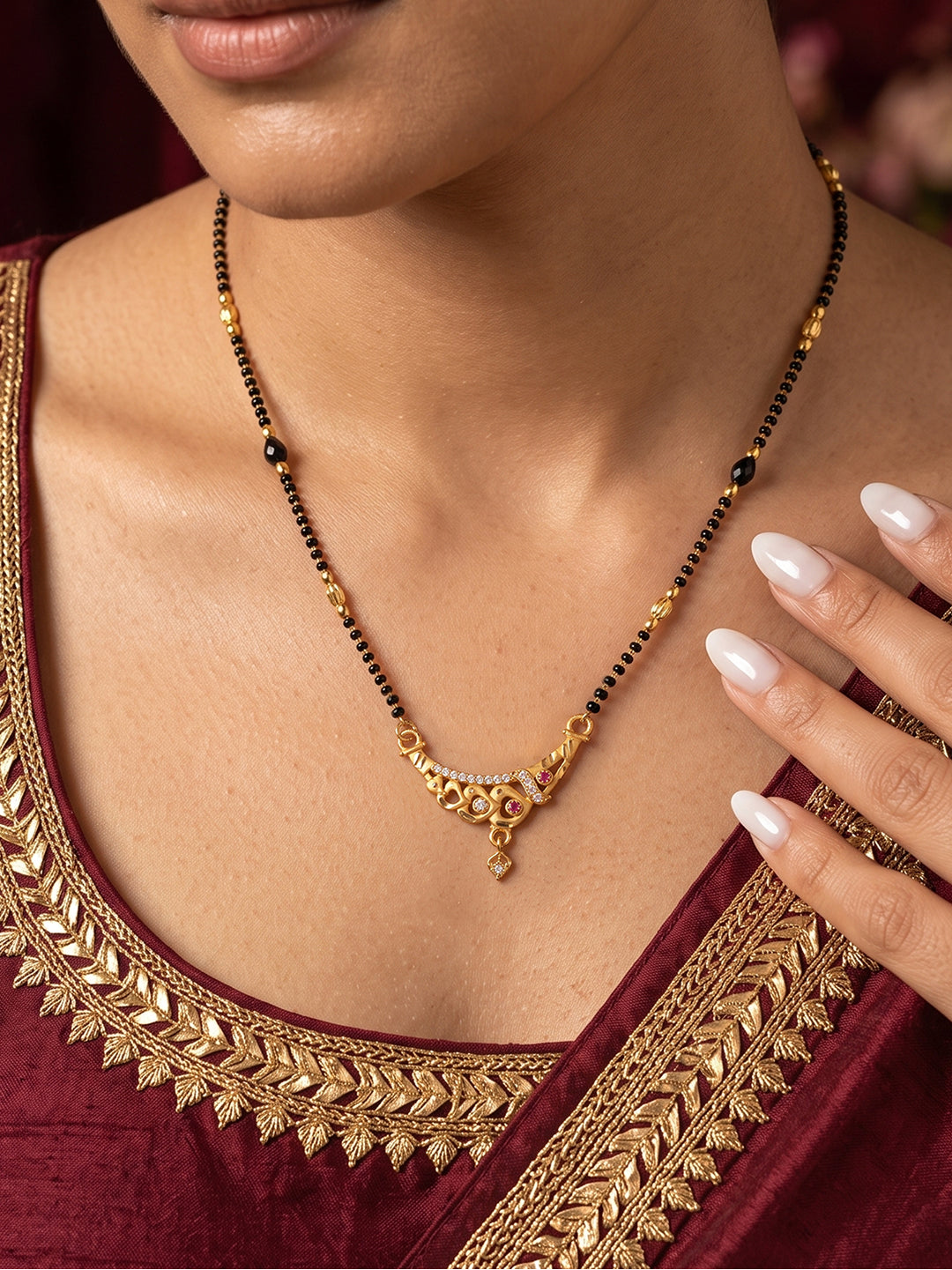 Lfariya Royal Blossom Gold Plated American Diamond Mangalsutra with Black Beads and Ruby Stone Design