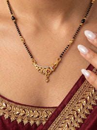 Lfariya Royal Blossom Gold Plated American Diamond Mangalsutra with Black Beads and Ruby Stone Design