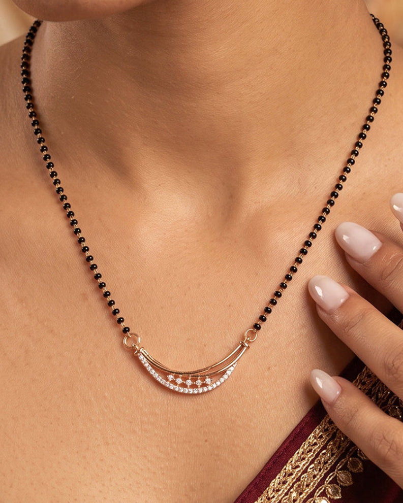 Lfariya Moonlit Spark Gold Plated American Diamond Crescent Mangalsutra with Black Beads for Women