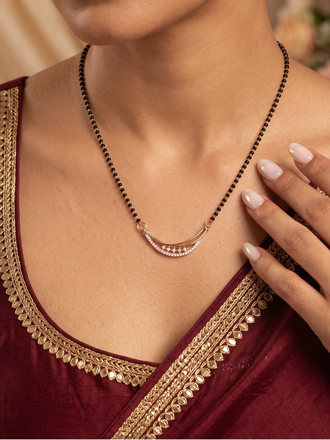 Lfariya Moonlit Spark Gold Plated American Diamond Crescent Mangalsutra with Black Beads for Women