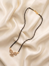 lfariya jewellery elegant black bead mangalsutra necklace with a square gemstone pendant, polished gold plated finish and brilliant crystal accents for everyday and festive occasions.