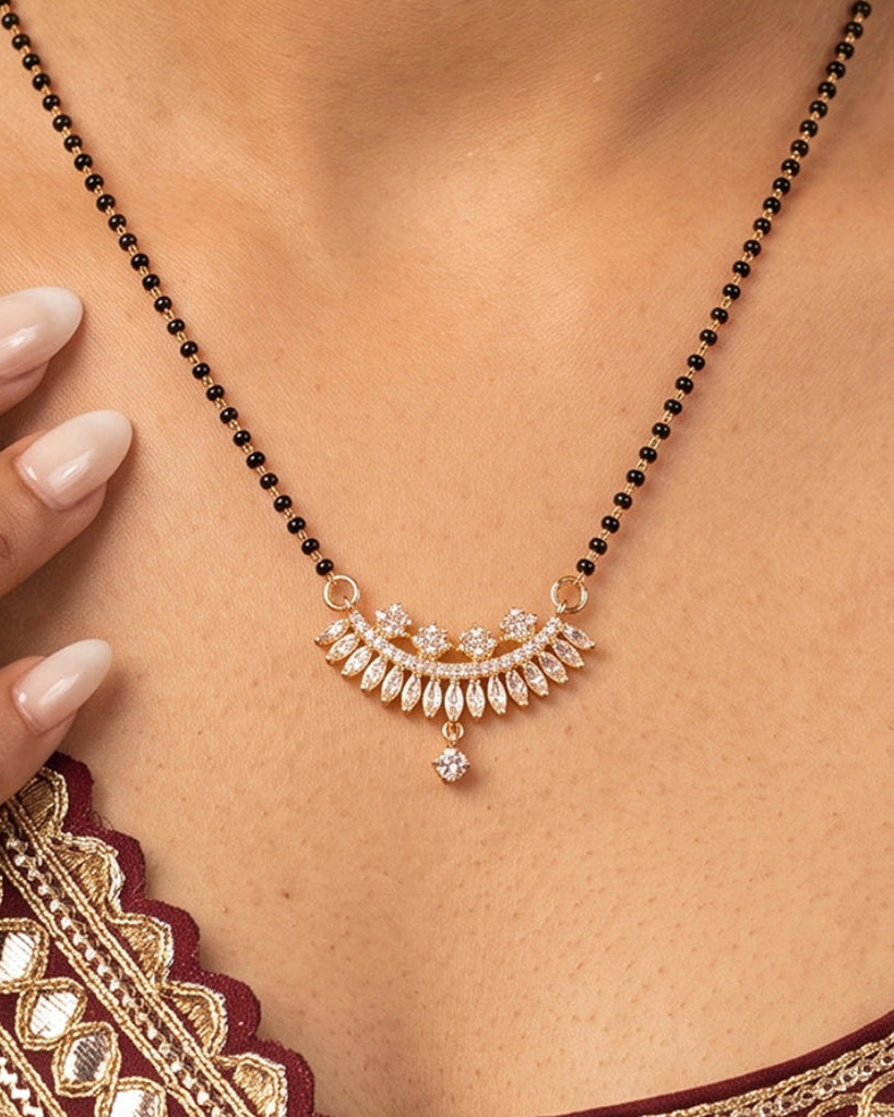 Elegant rose gold CZ diamond black beads mangalsutra necklace for women