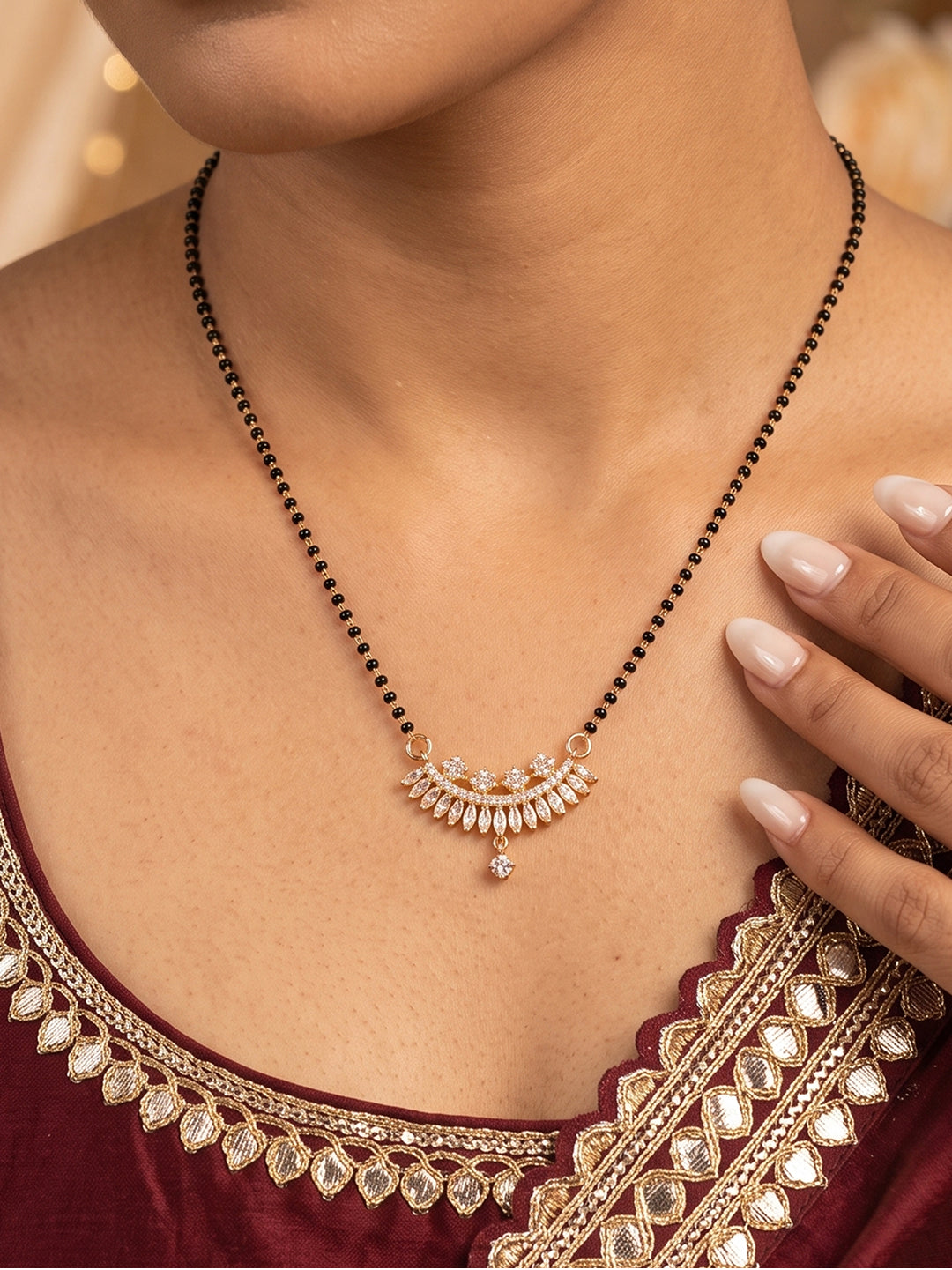 Elegant rose gold CZ diamond black beads mangalsutra necklace for women