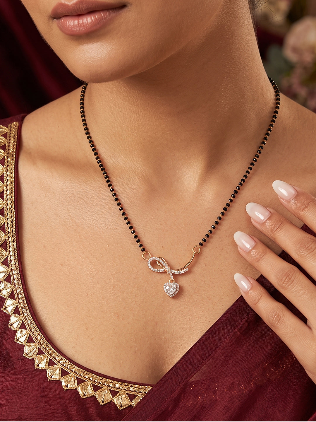 Elegant heart charm rose gold CZ diamond black beads mangalsutra necklace for women