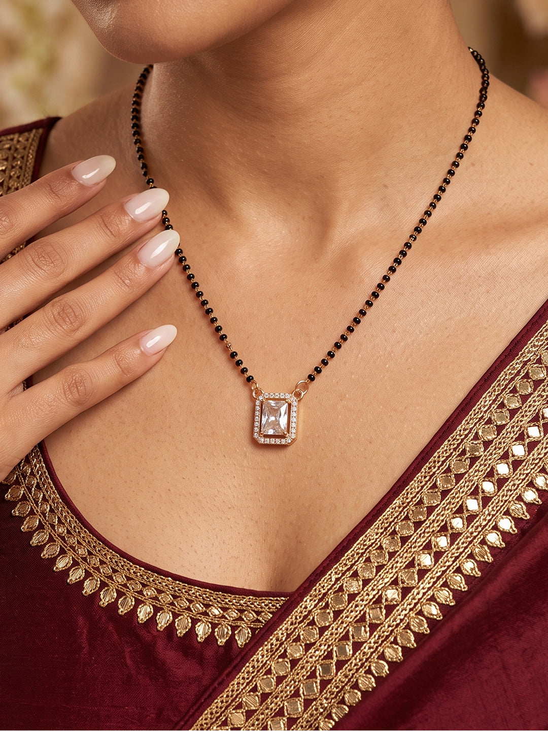 Elegant emerald cut rose gold CZ diamond black beads mangalsutra necklace for women