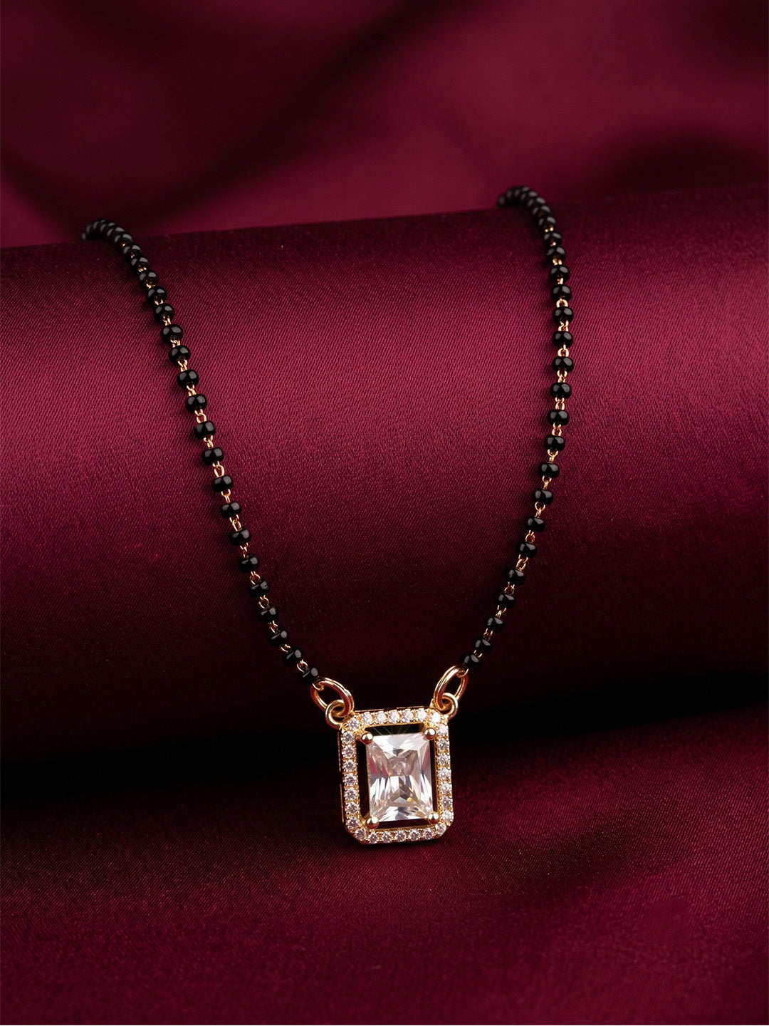 lfariya jewellery modern gold plated necklace with a stunning square ruby pendant, sparkling stone border and elegant black bead chain for women