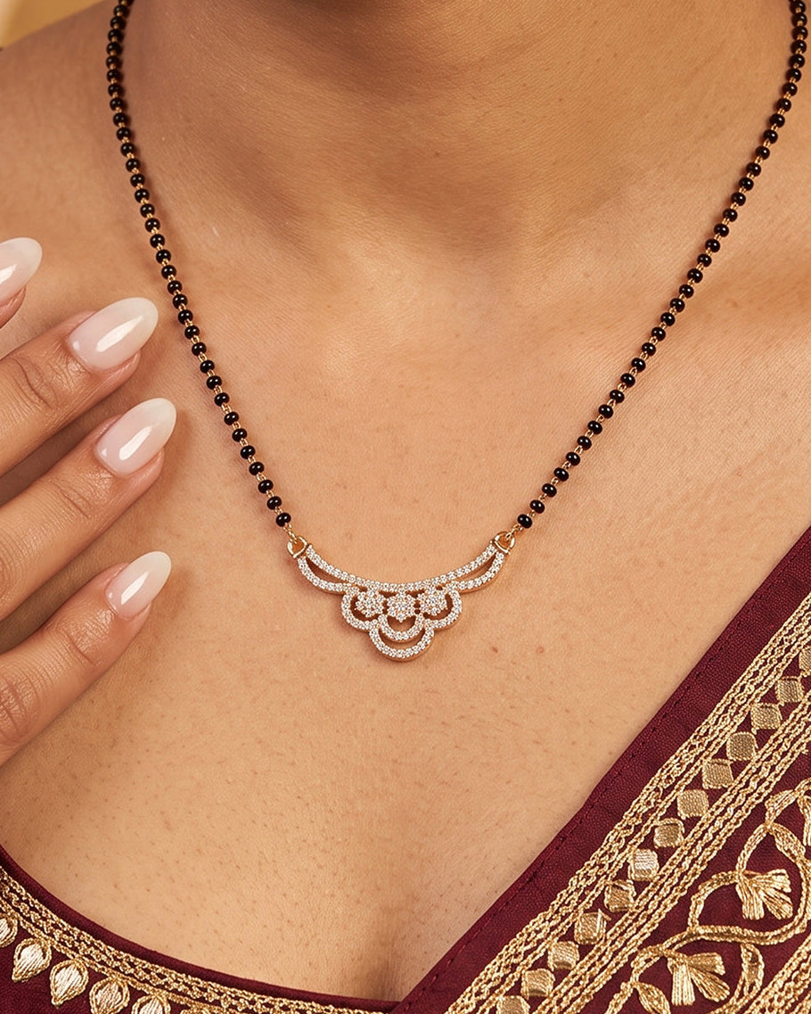 Royal crescent CZ floral pendant black beads mangalsutra necklace for women