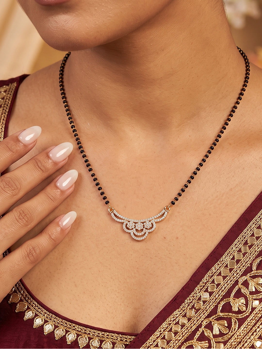 Royal crescent CZ floral pendant black beads mangalsutra necklace for women