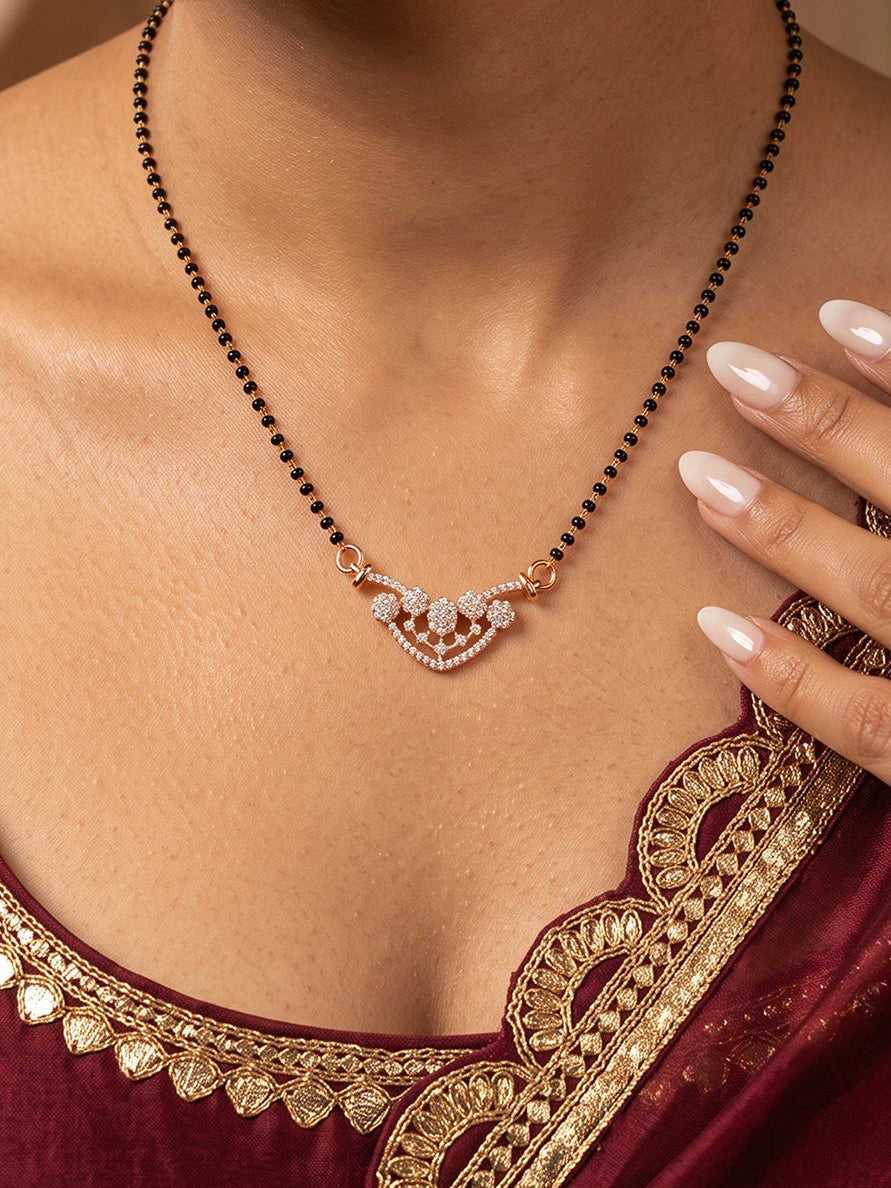 Imperial Bloom CZ designer rose gold black beads mangalsutra necklace for women
