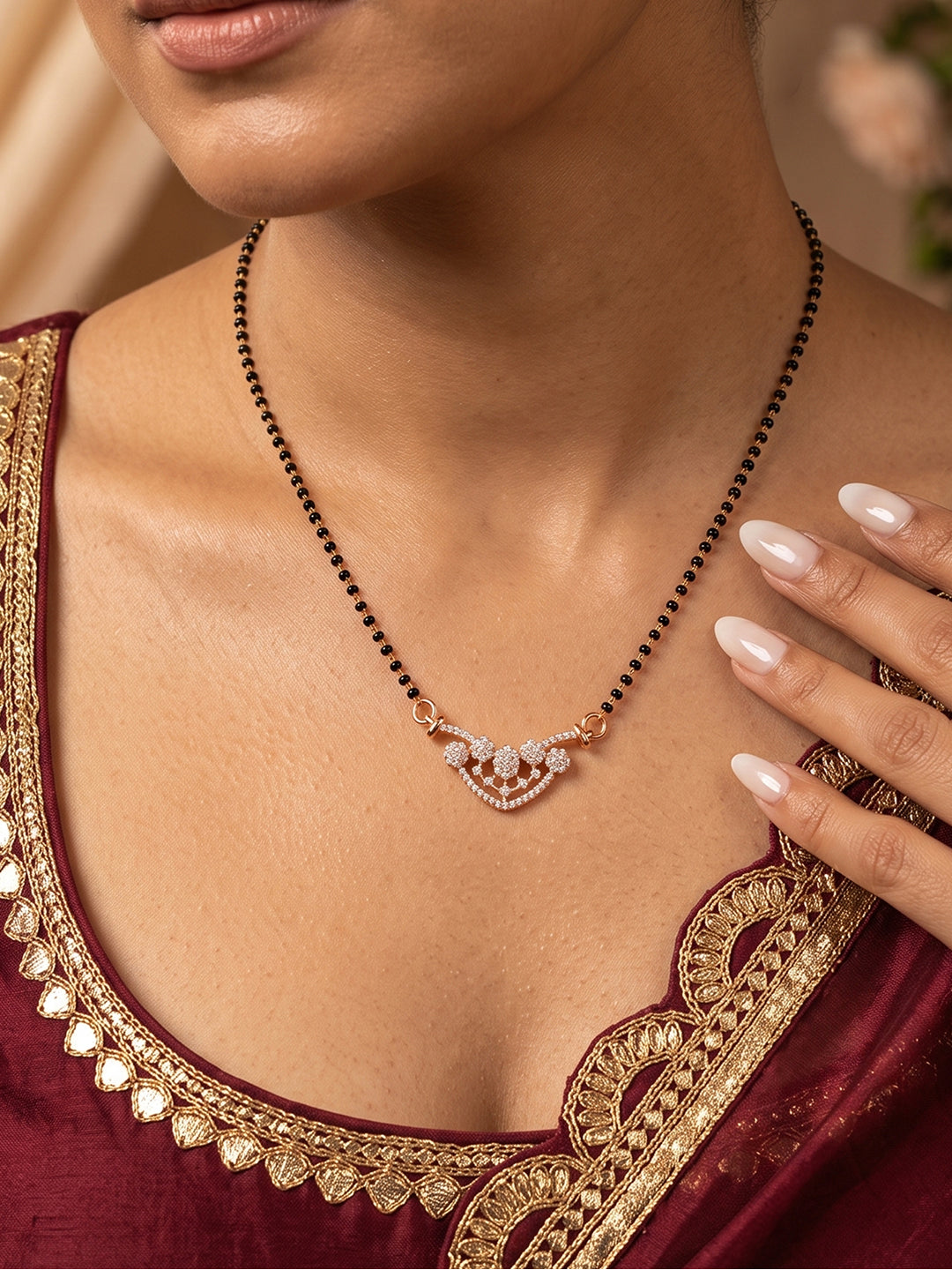 Imperial Bloom CZ designer rose gold black beads mangalsutra necklace for women