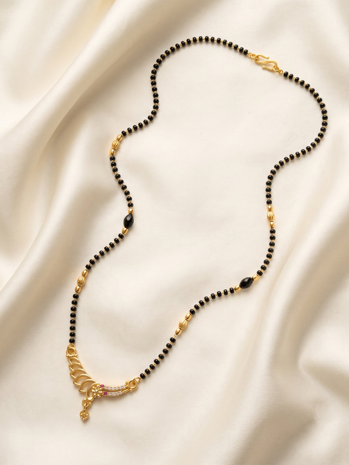 lfariya jewellery stylish gold plated mangalsutra necklace with a vibrant ruby colored square pendant, sparkling stone border, black bead chain and sophisticated ethnic jewelry design for modern women