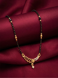 lfariya jewellery handcrafted gold plated mangalsutra featuring a classic square gemstone pendant, elegant black bead chain and refined jewelry craftsmanship, photographed in a premium luxury product display