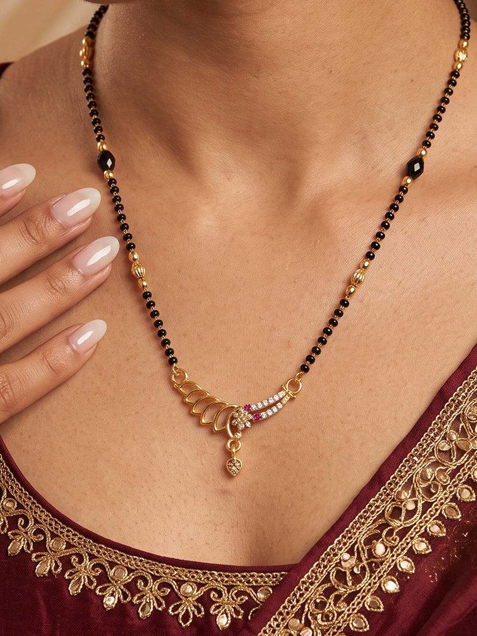 Royal Swan Curve CZ golden pendant black beads mangalsutra necklace for women with elegant designer finish