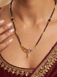 Royal Swan Curve CZ golden pendant black beads mangalsutra necklace for women with elegant designer finish