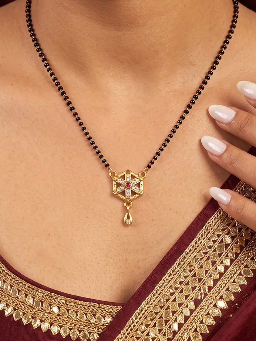 Royal Hexa Bloom CZ gold hexagon floral pendant black beads mangalsutra necklace for women