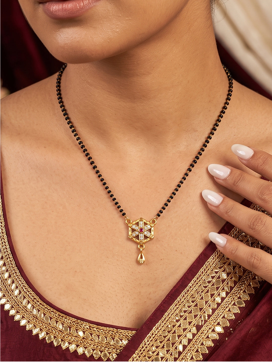 Heritage Lotus Halo CZ gold lotus pendant black beads mangalsutra necklace for women with traditional floral design