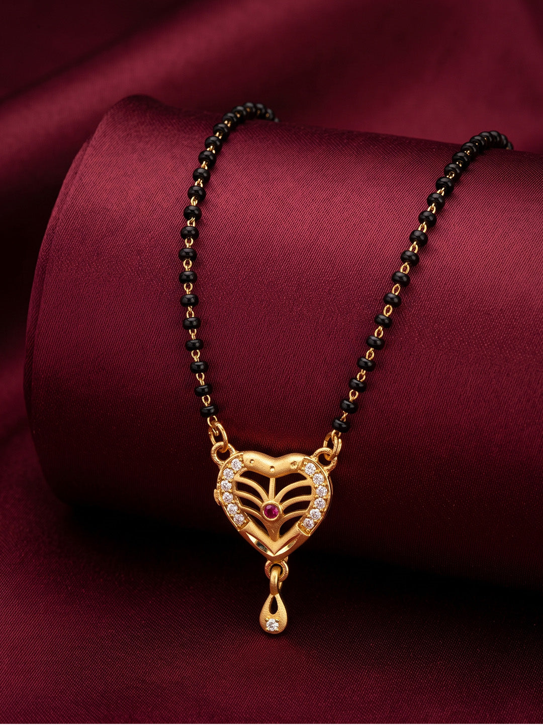 lfariya jewellery traditional Indian gold plated mangalsutra necklace with elegant square ruby pendant and black bead chain for married women, perfect for daily wear and festive occasions.