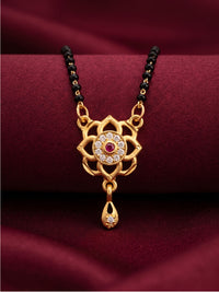 lfariya jewellery ethnic Indian mangalsutra with a premium gold plated pendant, vibrant red gemstone and handcrafted black bead chain for women.