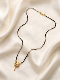 lfariya jewellery traditional black bead mangalsutra necklace with a square gemstone pendant, elegant gold plated design for Indian women and festive celebrations.