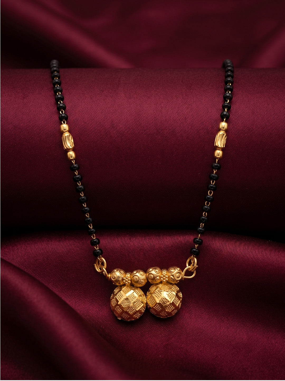 lfariya jewellery traditional Indian vati mangalsutra necklace with gold plated finish and black bead chain for married women.