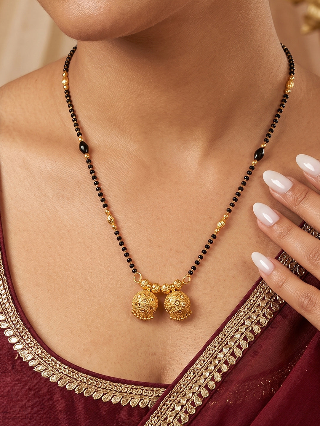 Traditional Double Vati Mangalsutra with black beads chain and textured gold vati pendant for women by Lfariya Jewellery.