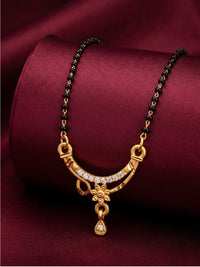 lfariya jewellery traditional Indian gold plated mangalsutra necklace with an elegant square ruby pendant and classic black bead chain, beautifully styled for bridal and festive wear.