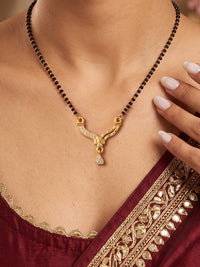 Swarna Rekha Curve Mangalsutra with CZ stones and teardrop pendant by Lfariya Jewellery for women.