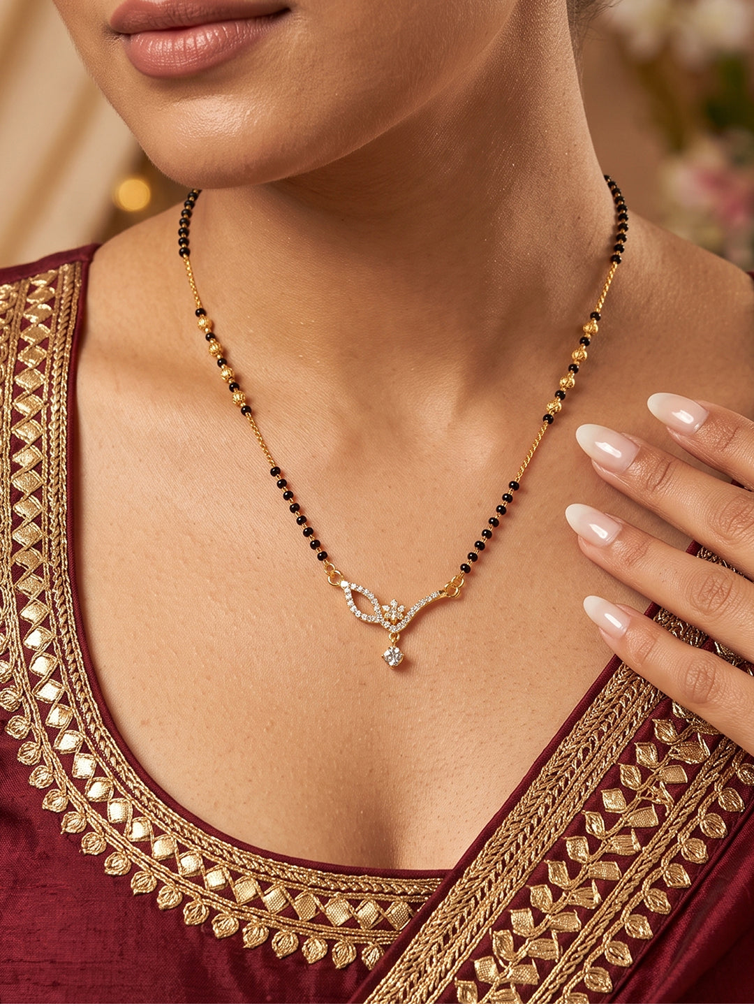 Crystal Bloom Mangalsutra featuring a sparkling floral CZ pendant with black beads by Lfariya Jewellery.