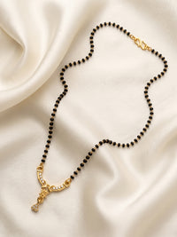 lfariya jewellery premium women's mangalsutra with a luxurious square gemstone pendant, handcrafted gold plated design and elegant black bead chain for festive celebrations.