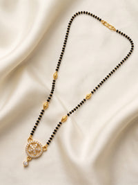 lfariya jewellery stylish gold plated mangalsutra necklace featuring black beads and sparkling American Diamond stones for weddings and festivals