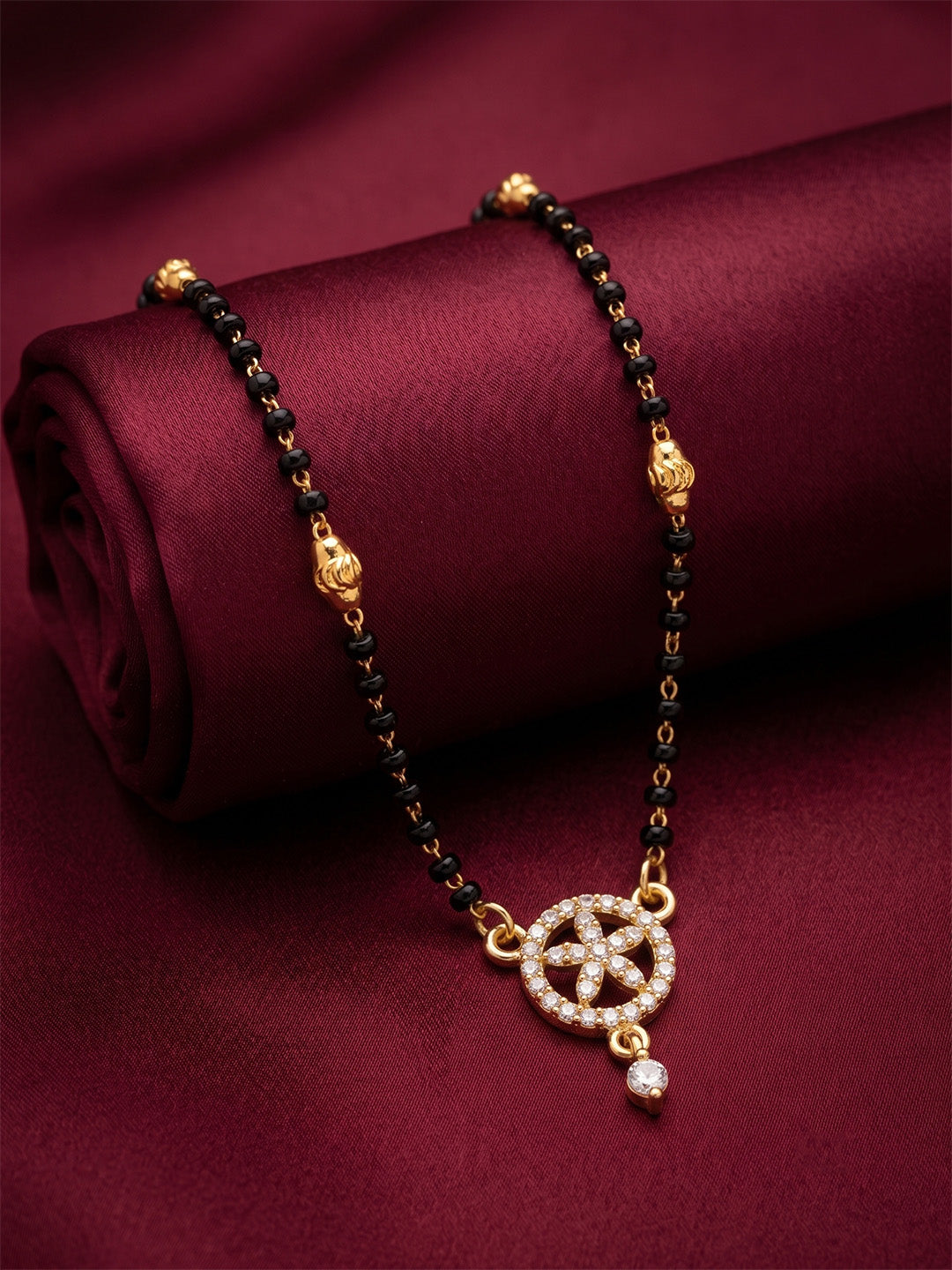lfariya jewellery elegant gold plated black bead mangalsutra necklace with American Diamond pendant for women, perfect for daily, office and festive wear