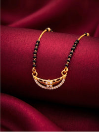 lfariya jewellery festive wear mangalsutra featuring a sparkling square red gemstone pendant, gold plated finish and traditional black bead necklace for women.
