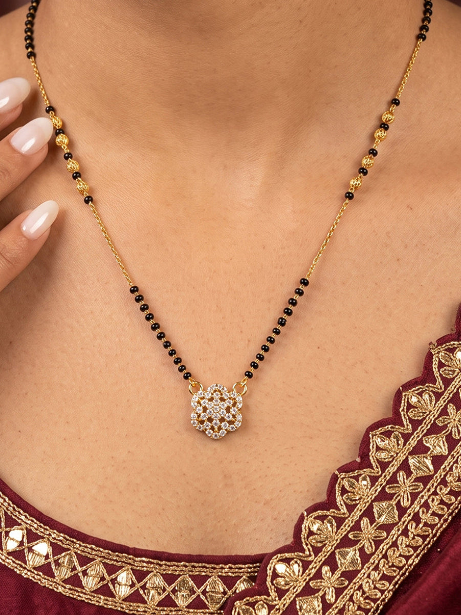 lfariya jewellery authentic Indian mangalsutra necklace featuring a sophisticated square gemstone pendant, polished gold plated finish and premium black bead chain for daily wear.