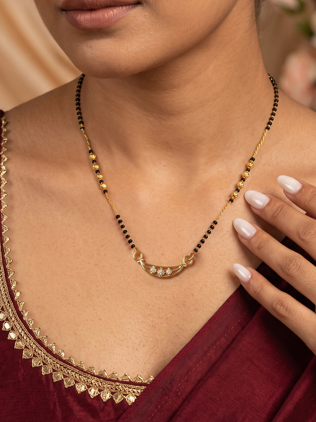 Lfariya Jewellery Elegant Arc CZ Gold Plated Mangalsutra with Black Beads for Women