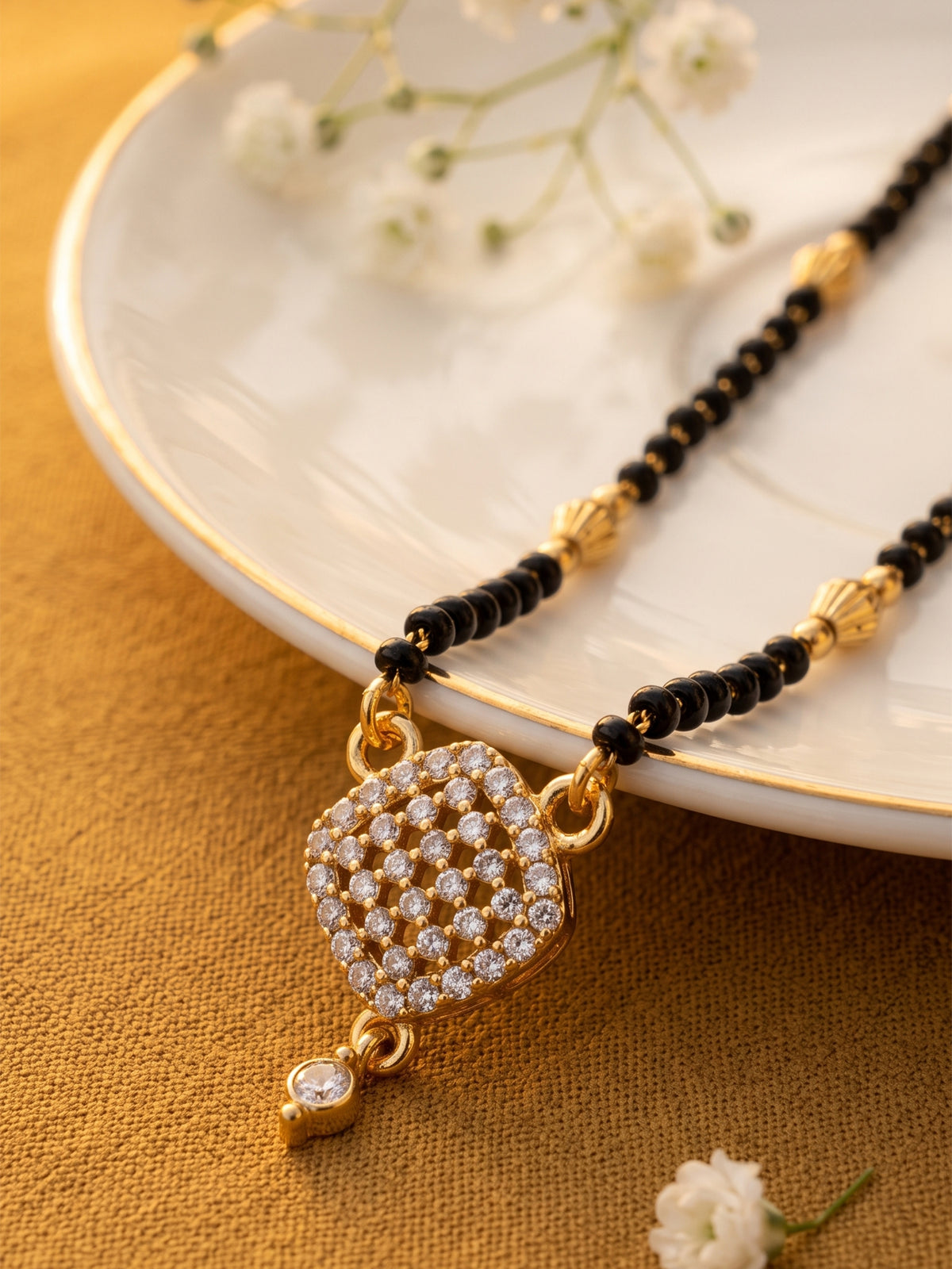 lfariya jewellery gold plated designer mangalsutra necklace for women with premium CZ stones, black bead chain, elegant daily wear, festive and wedding jewelry