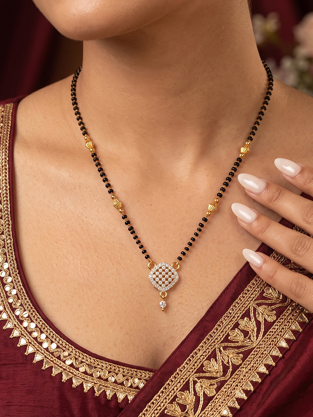 Lfariya Jewellery Chess Aura CZ Gold Plated Mangalsutra featuring a sparkling square checkered pendant with black bead chain for women.