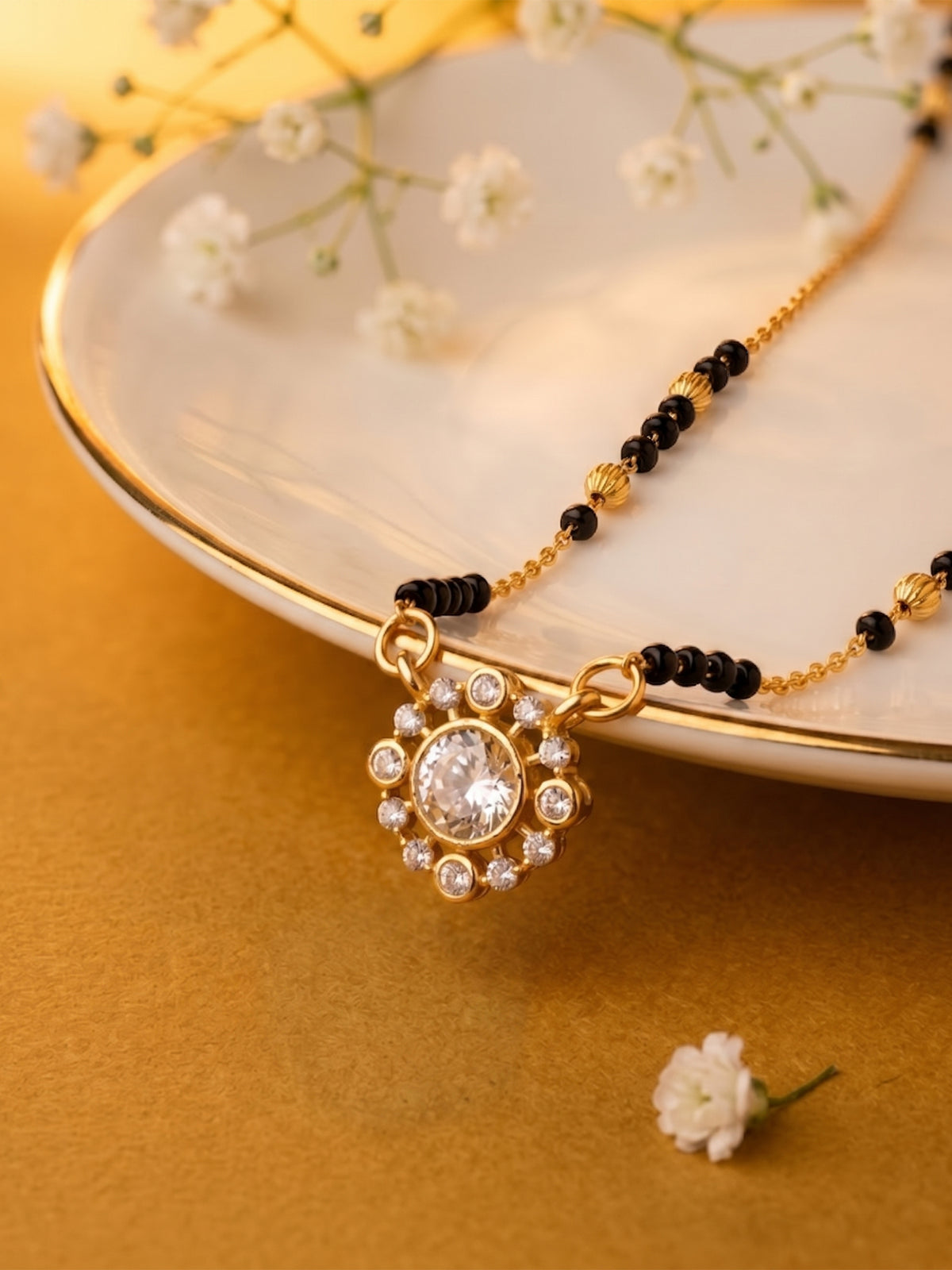 lfariya jewellery modern gold plated mangalsutra necklace with American Diamond pendant and lightweight black bead chain for women