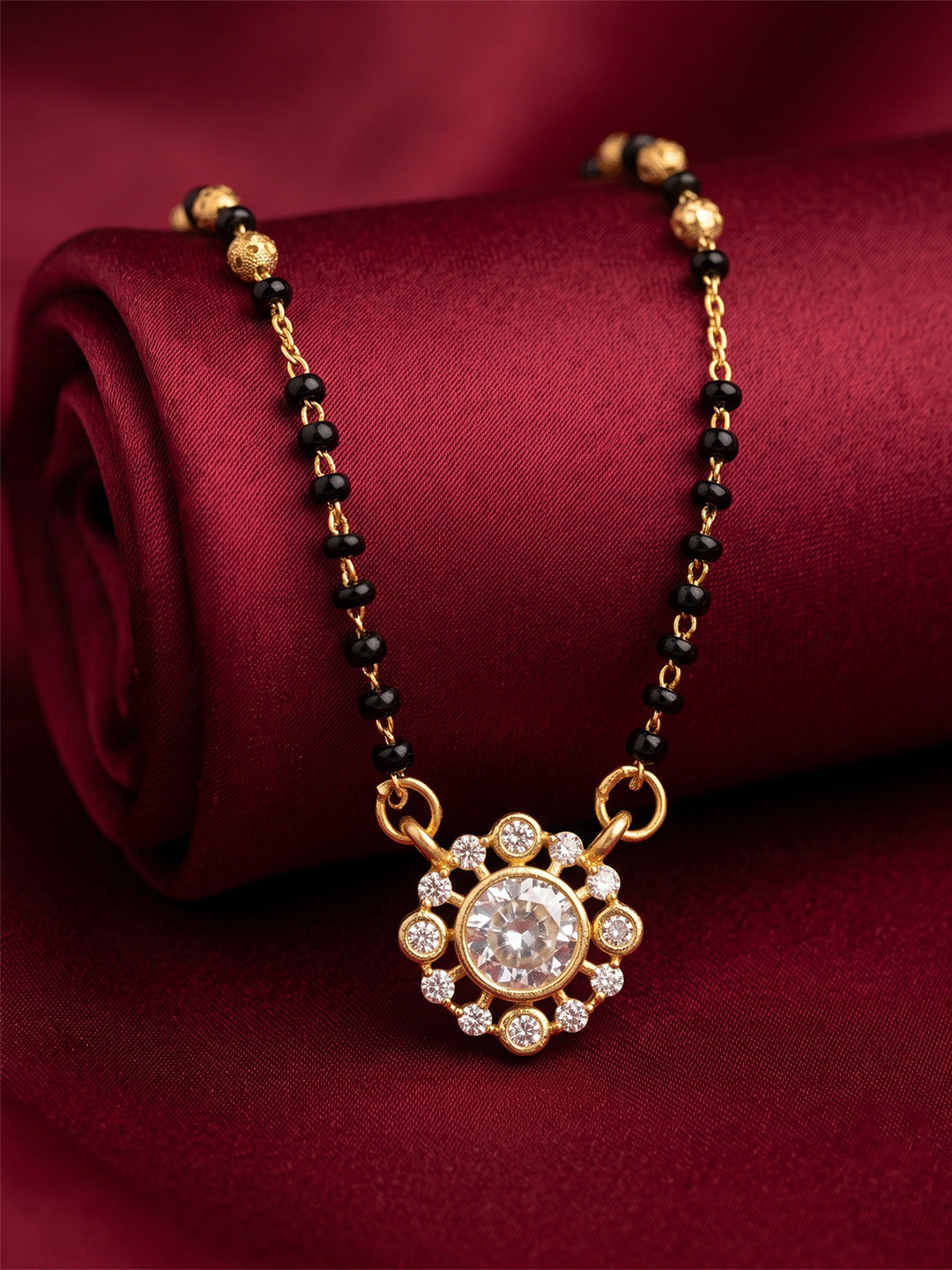 lfariya jewellery gold plated designer mangalsutra necklace for women with premium American Diamond stones, black bead chain, elegant daily wear and festive jewelry