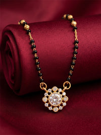 lfariya jewellery gold plated designer mangalsutra necklace for women with premium American Diamond stones, black bead chain, elegant daily wear and festive jewelry