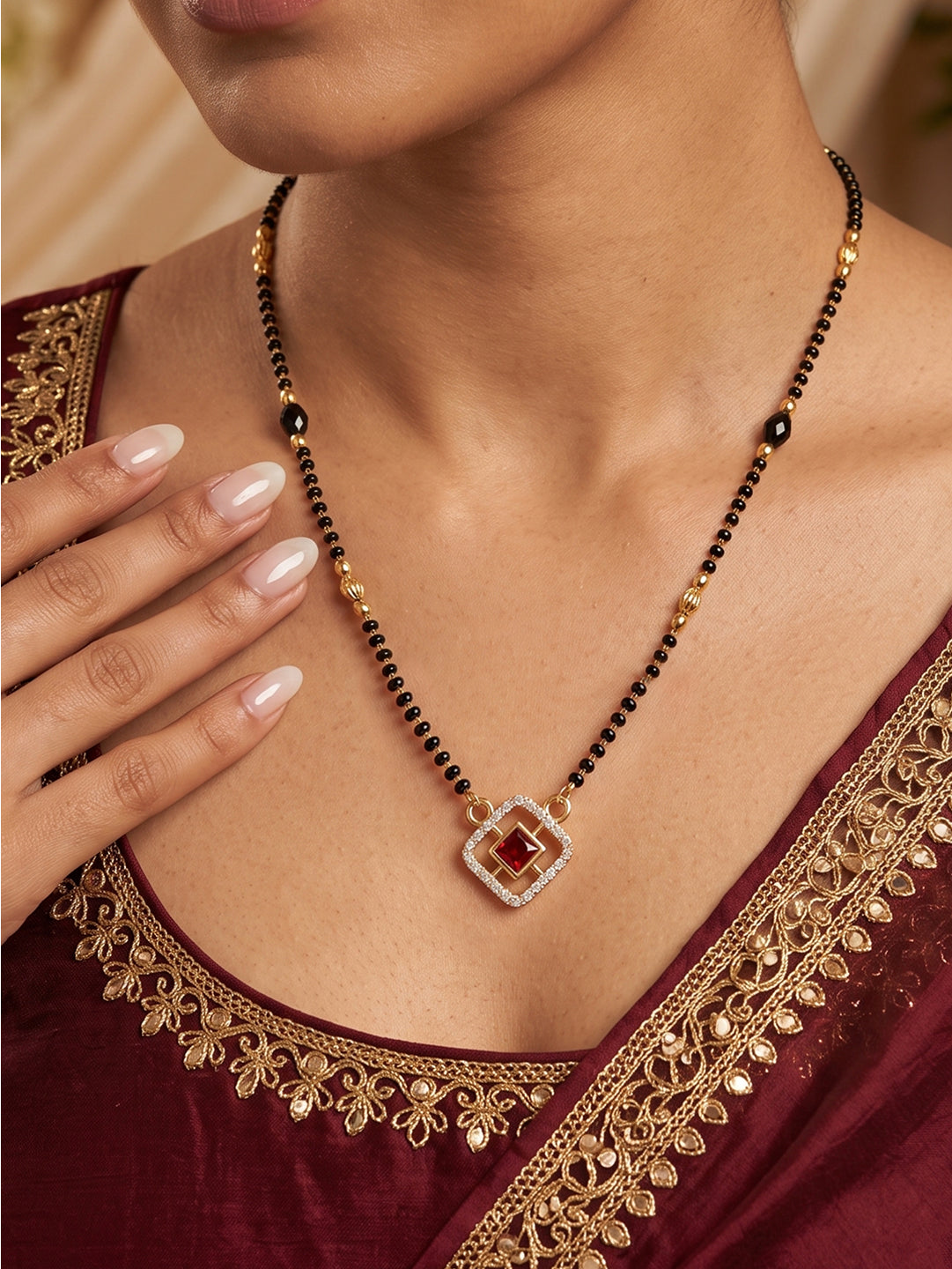 Lfariya Jewellery Regal Ruby Diamond Square Gold Plated CZ Mangalsutra with Red Ruby Stone Pendant for Women